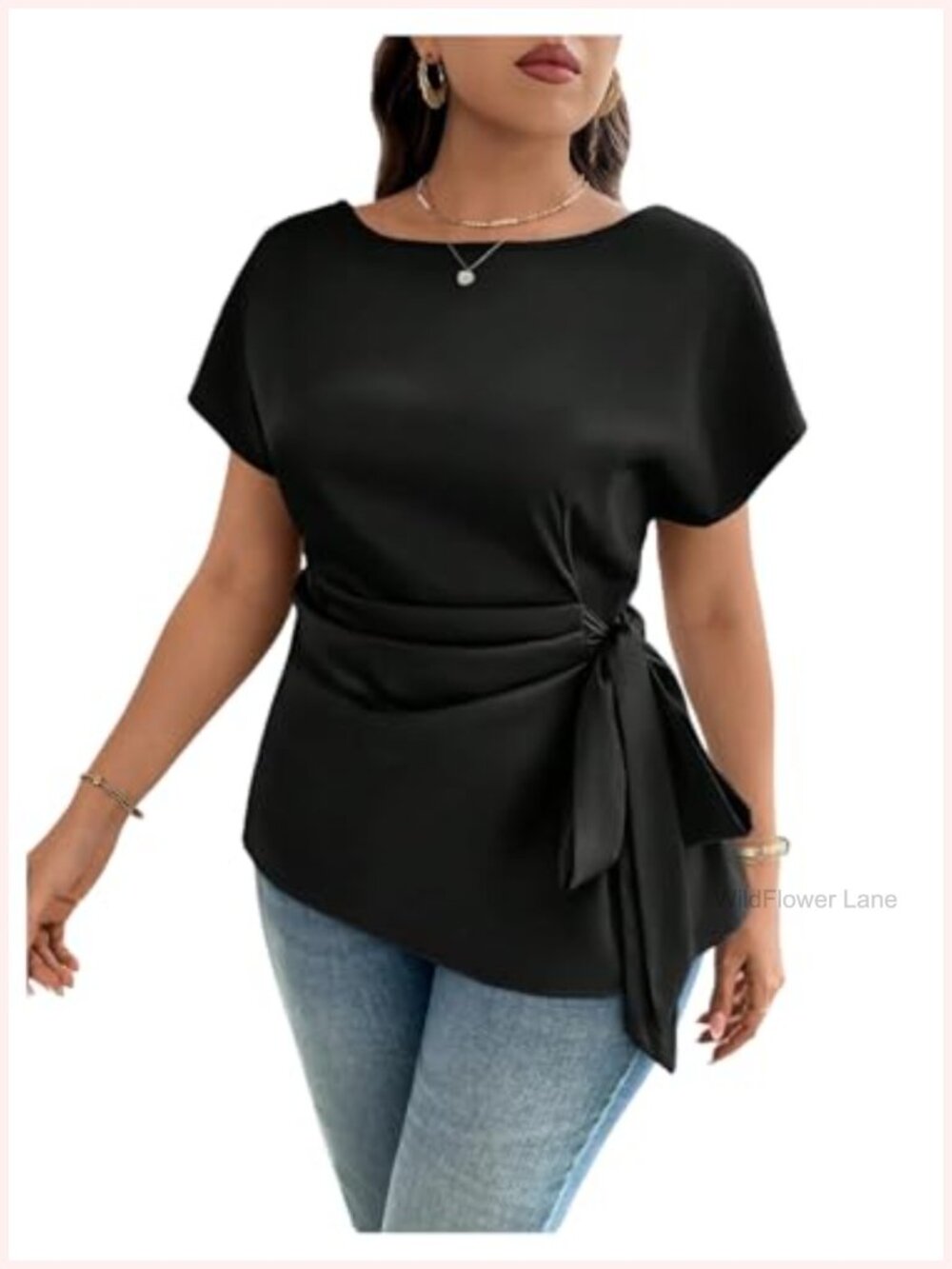 Plus Size Asymmetrical Pleated Blouse Short Sleeve Belted Top